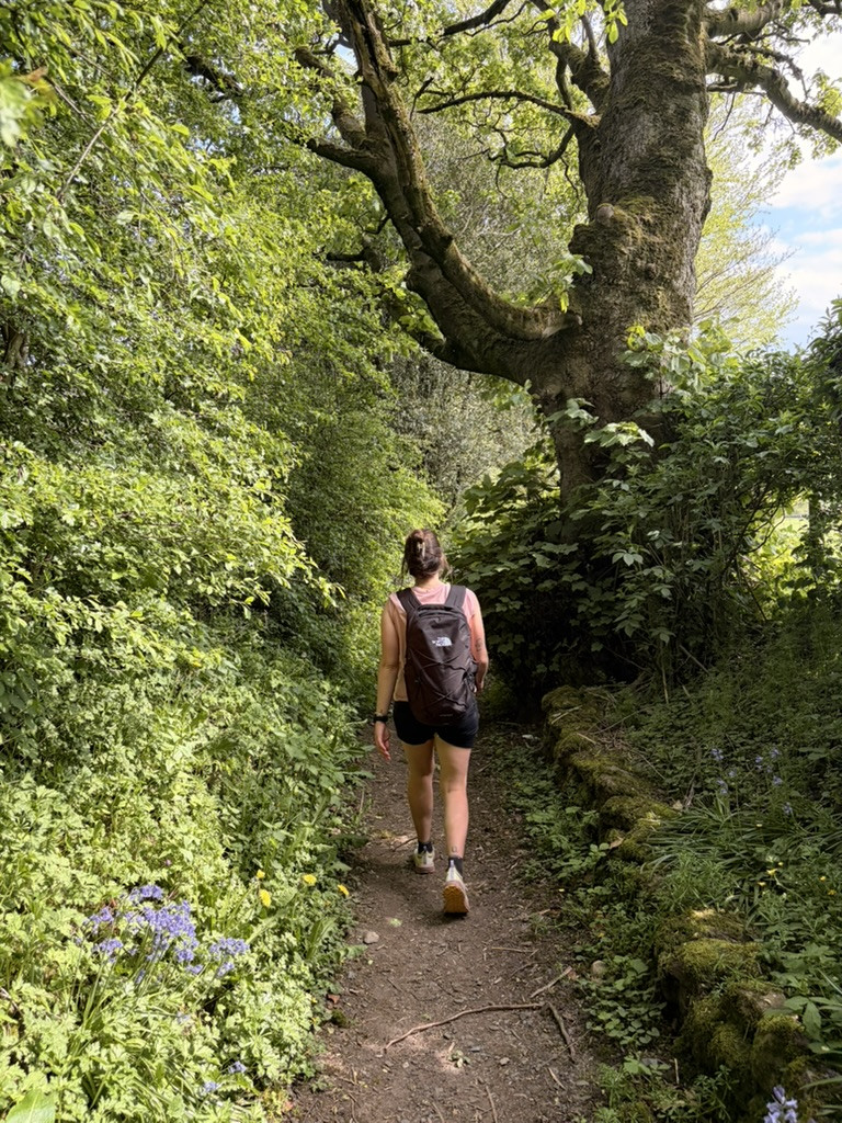 Hiker walking along a narrow, leafy woodland path beneath a large tree on the Malham to Grassington route