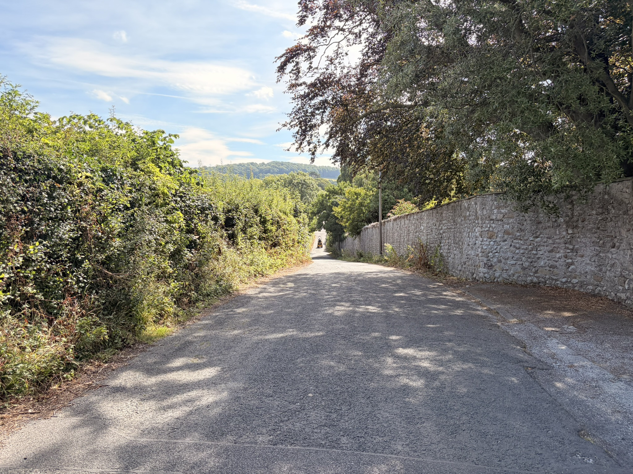 Sunlit country lane descending between a leafy hedgerow and stone wall on the way from the beach to the canal
