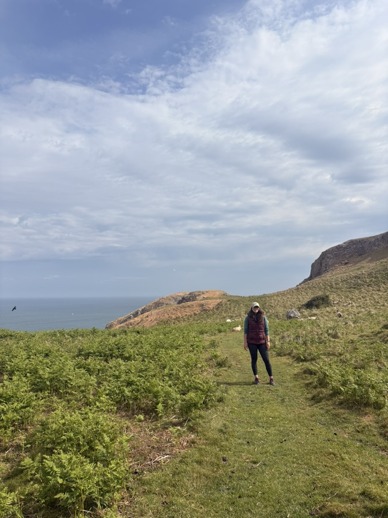 A hiker standing on a grassy coastal path above the sea at the Little Orme.